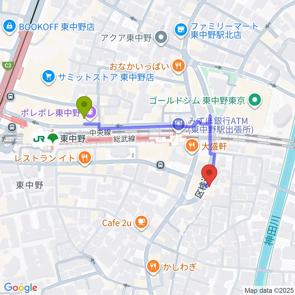 東中野 Cafeじみへんの最寄駅東中野駅からの徒歩ルート（約4分）地図