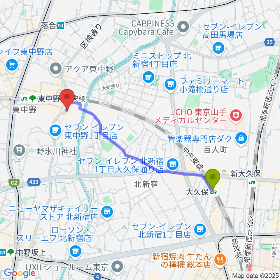 大久保駅から東中野 Cafeじみへんへのルートマップ地図
