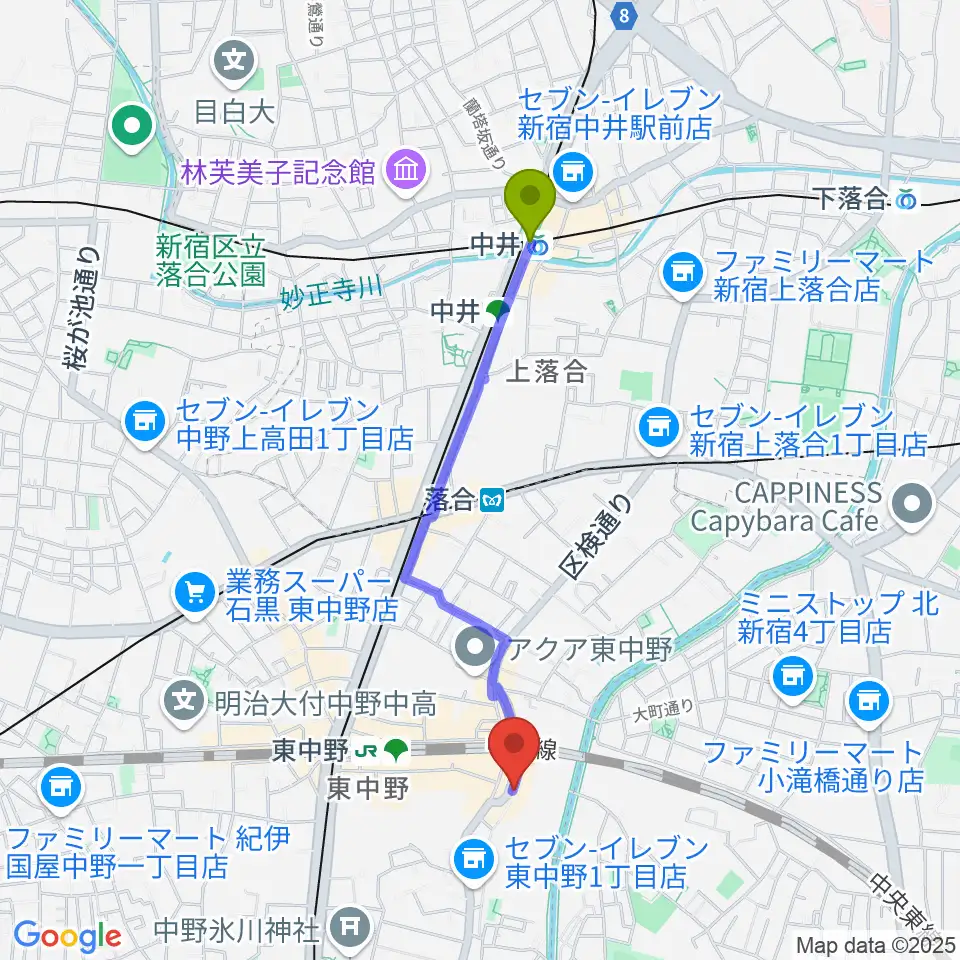 中井駅から東中野 Cafeじみへんへのルートマップ地図