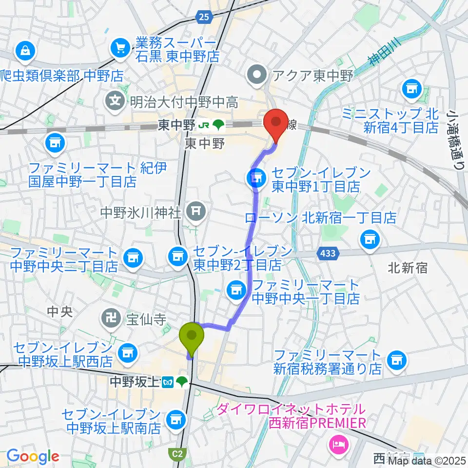 中野坂上駅から東中野 Cafeじみへんへのルートマップ地図