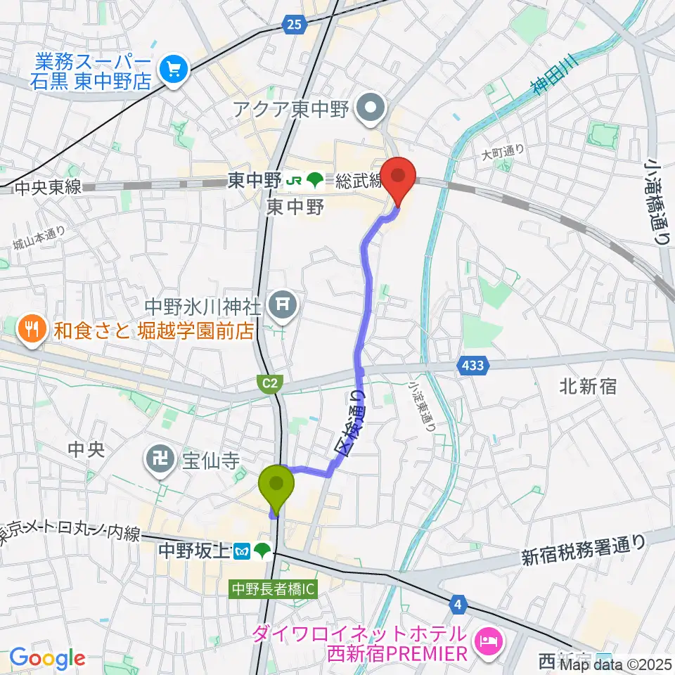 中野坂上駅から東中野 Cafeじみへんへのルートマップ地図