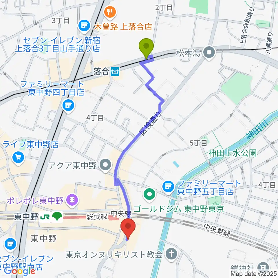 落合駅から東中野 Cafeじみへんへのルートマップ地図