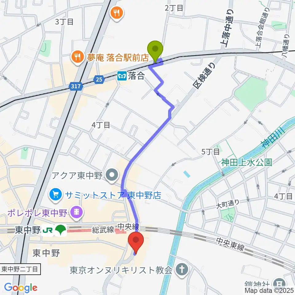 落合駅から東中野 Cafeじみへんへのルートマップ地図