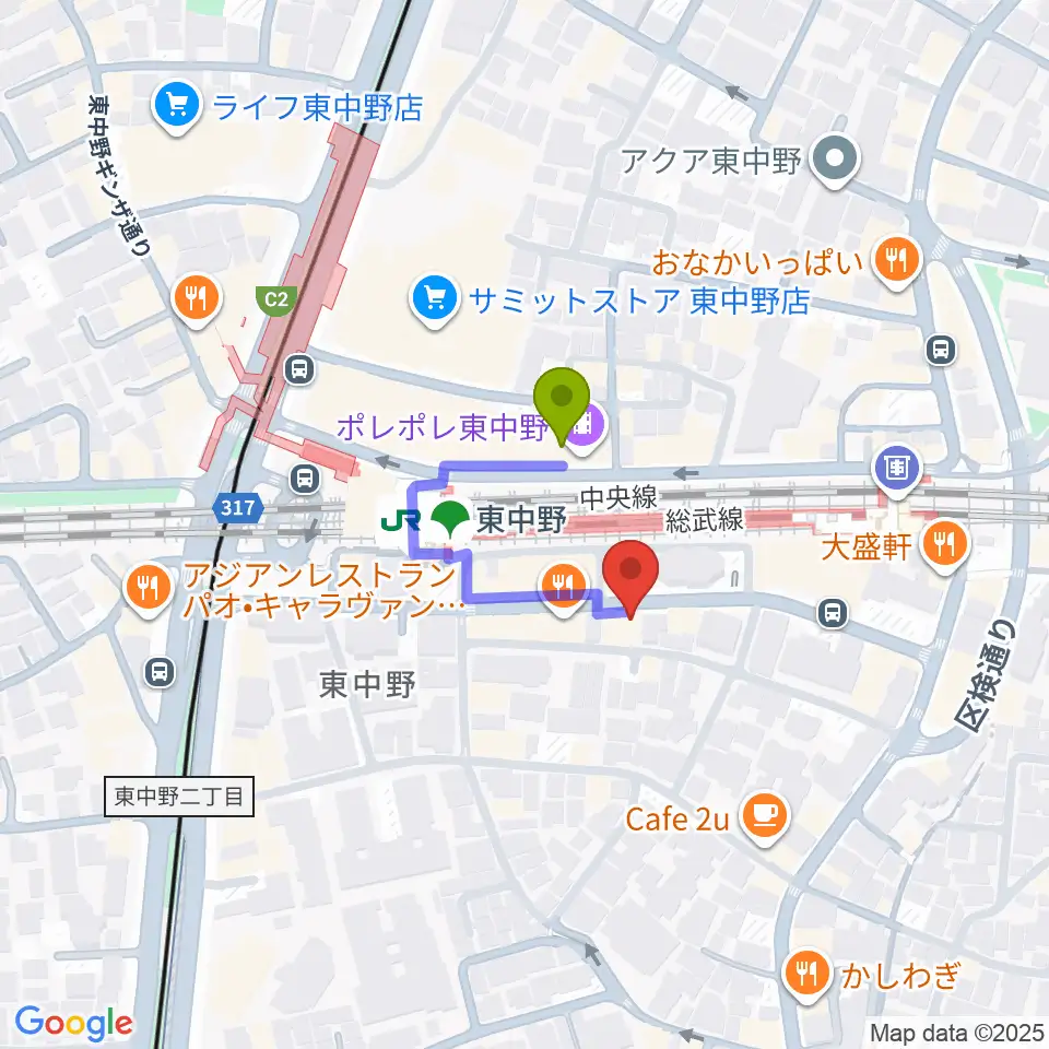 東中野Hello Goodbyeの最寄駅東中野駅からの徒歩ルート（約1分）地図