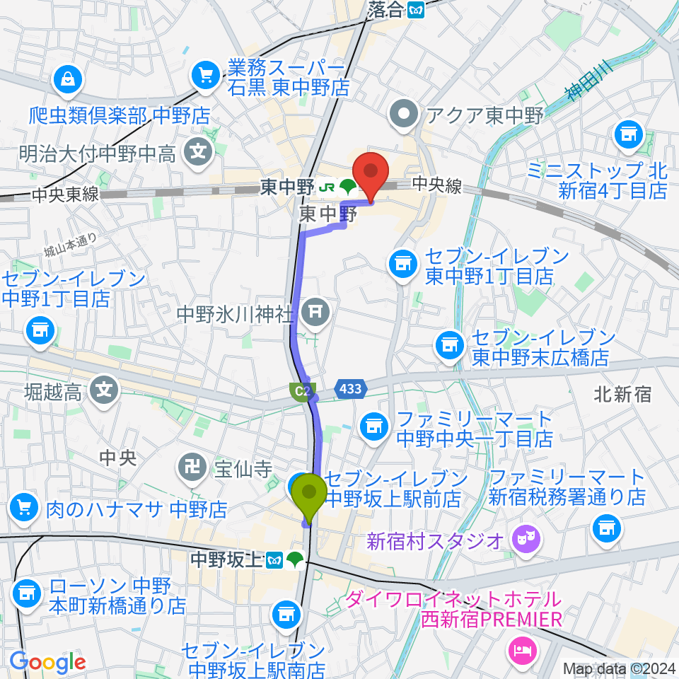 中野坂上駅から東中野Hello Goodbyeへのルートマップ地図