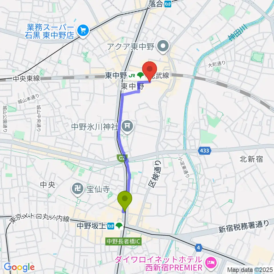 中野坂上駅から東中野Hello Goodbyeへのルートマップ地図