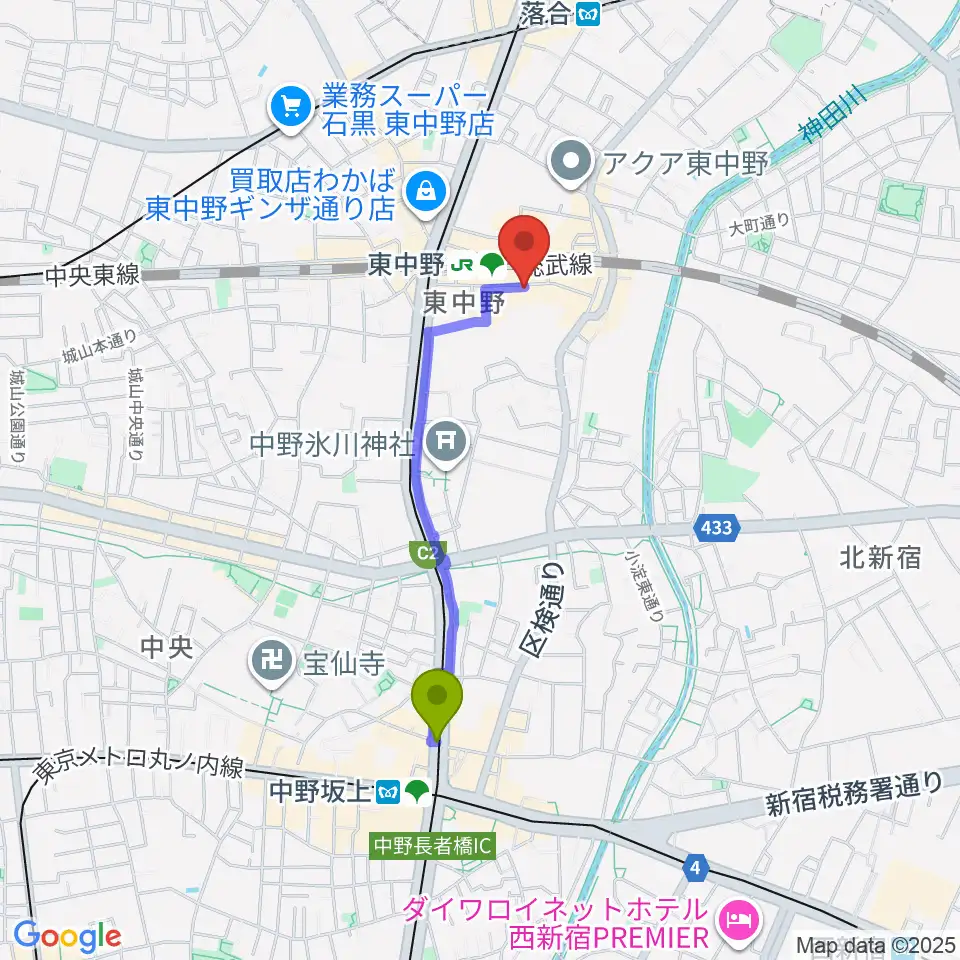 中野坂上駅から東中野Hello Goodbyeへのルートマップ地図