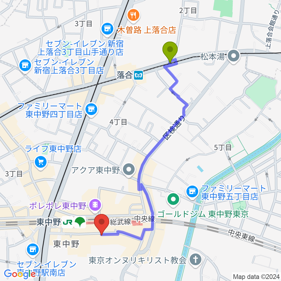 落合駅から東中野Hello Goodbyeへのルートマップ地図