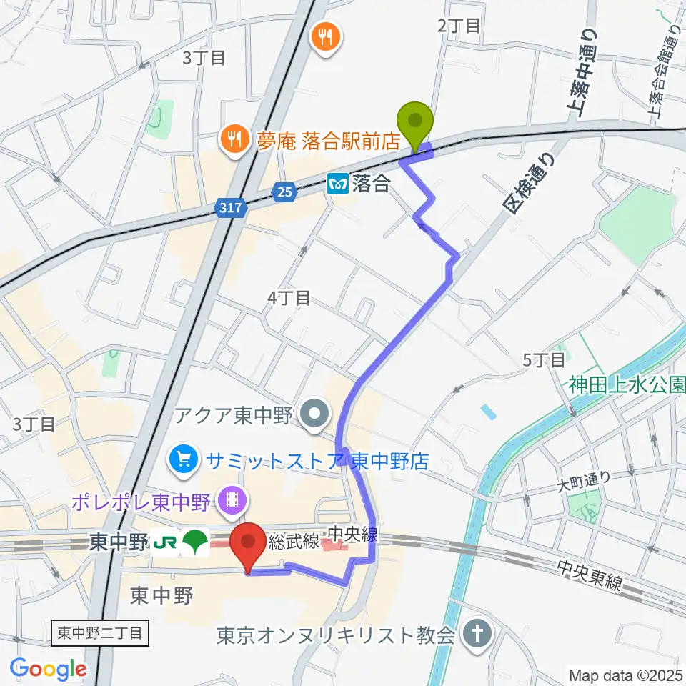落合駅から東中野Hello Goodbyeへのルートマップ地図
