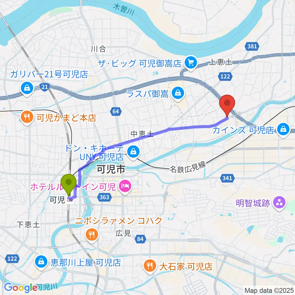 可児駅から可児MIZへのルートマップ地図