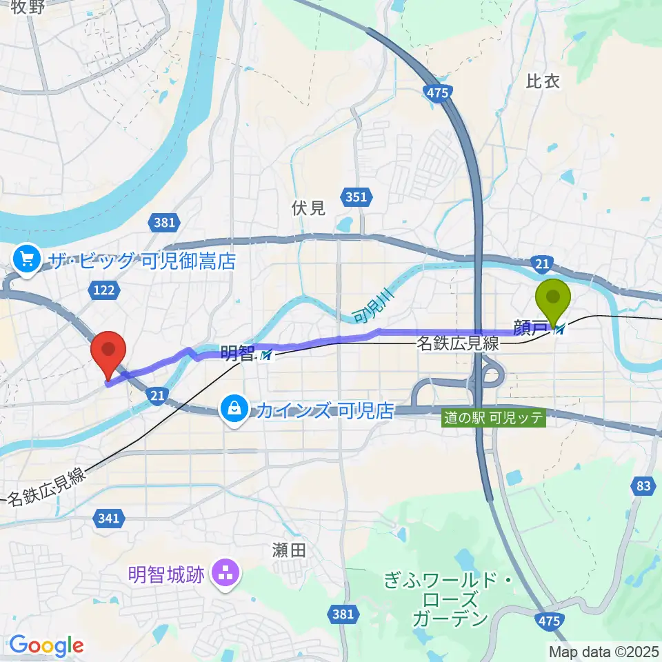 顔戸駅から可児MIZへのルートマップ地図