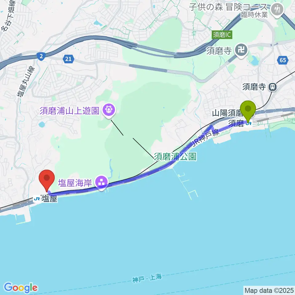 須磨駅から旧グッゲンハイム邸へのルートマップ地図