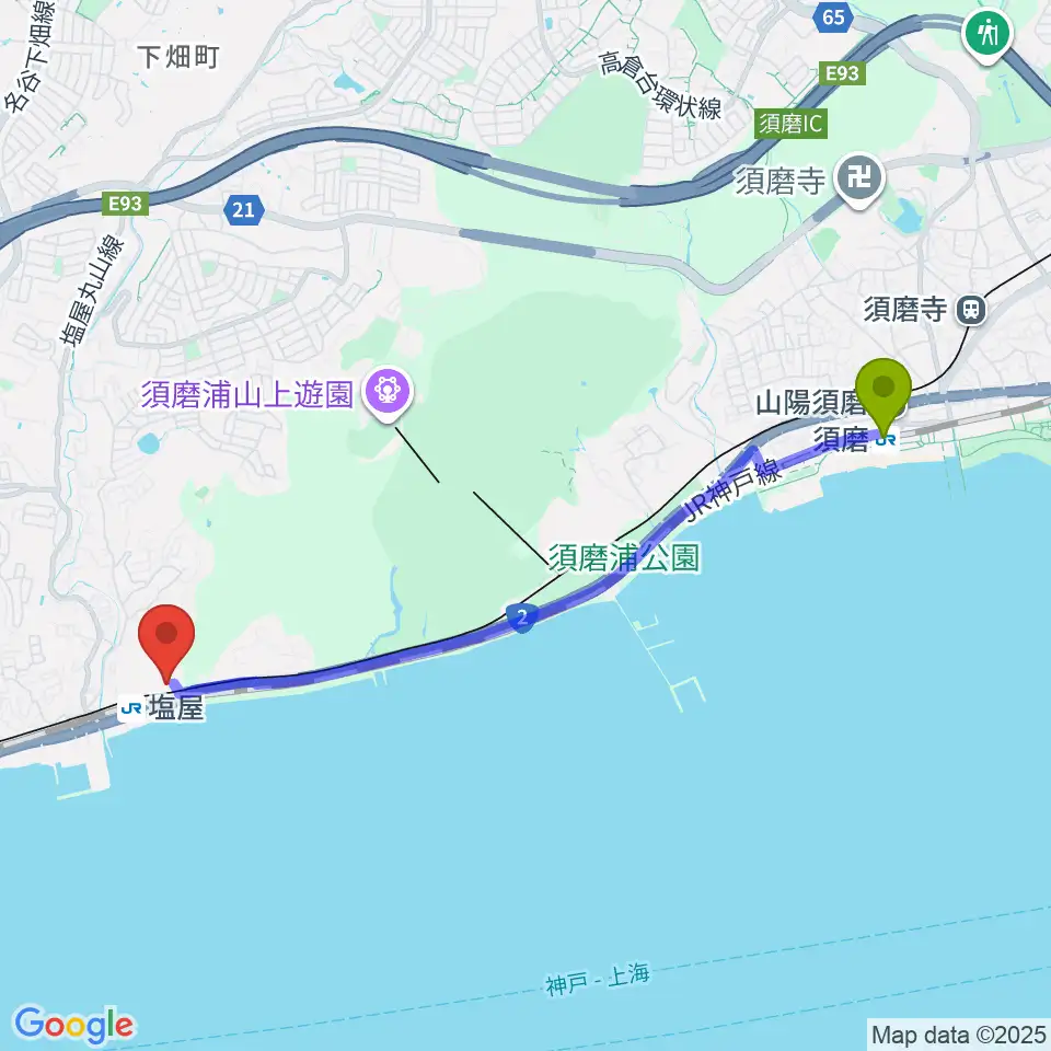 須磨駅から旧グッゲンハイム邸へのルートマップ地図
