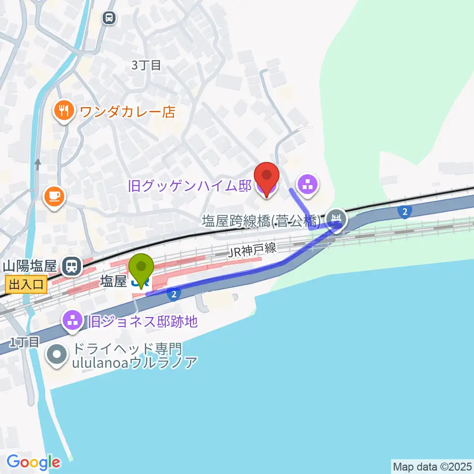 旧グッゲンハイム邸の最寄駅塩屋駅からの徒歩ルート（約3分）地図