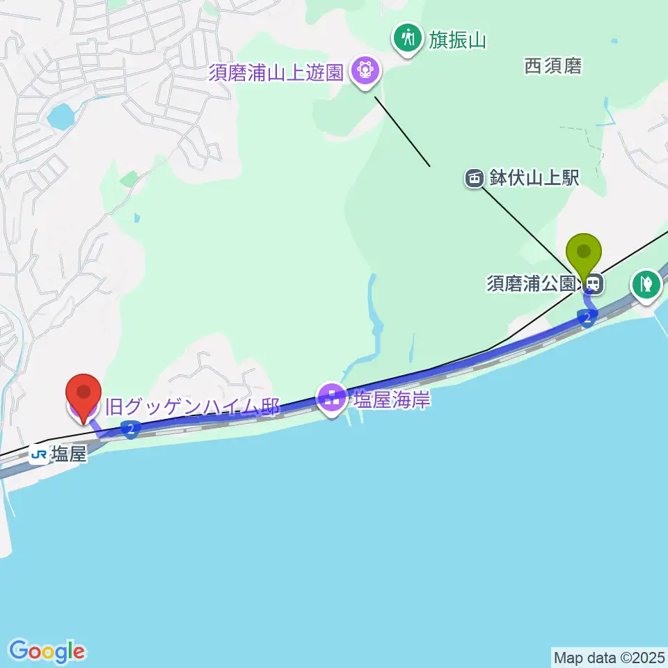 須磨浦公園駅から旧グッゲンハイム邸へのルートマップ地図