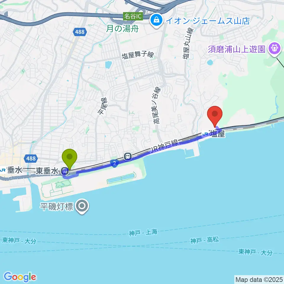 東垂水駅から旧グッゲンハイム邸へのルートマップ地図