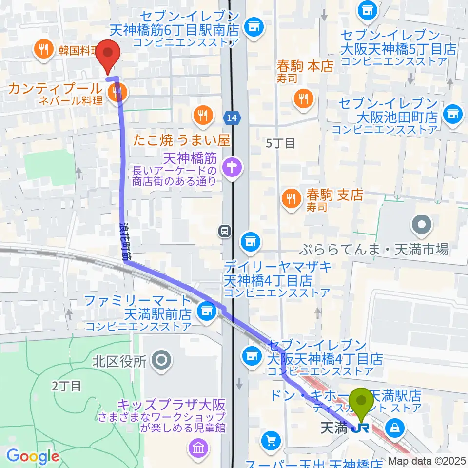 天満駅から天満バンブークラブへのルートマップ地図