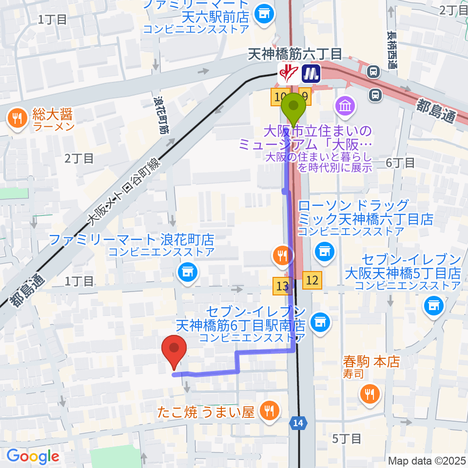 天満バンブークラブの最寄駅天神橋筋六丁目駅からの徒歩ルート（約5分）地図