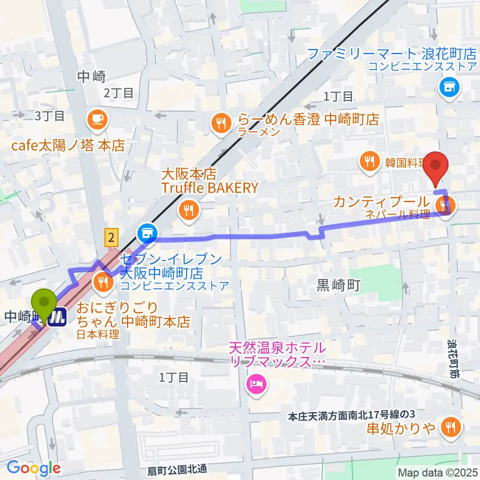 中崎町駅から天満バンブークラブへのルートマップ地図