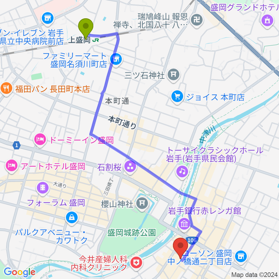 上盛岡駅からいわてアートサポートセンター風のスタジオへのルートマップ地図