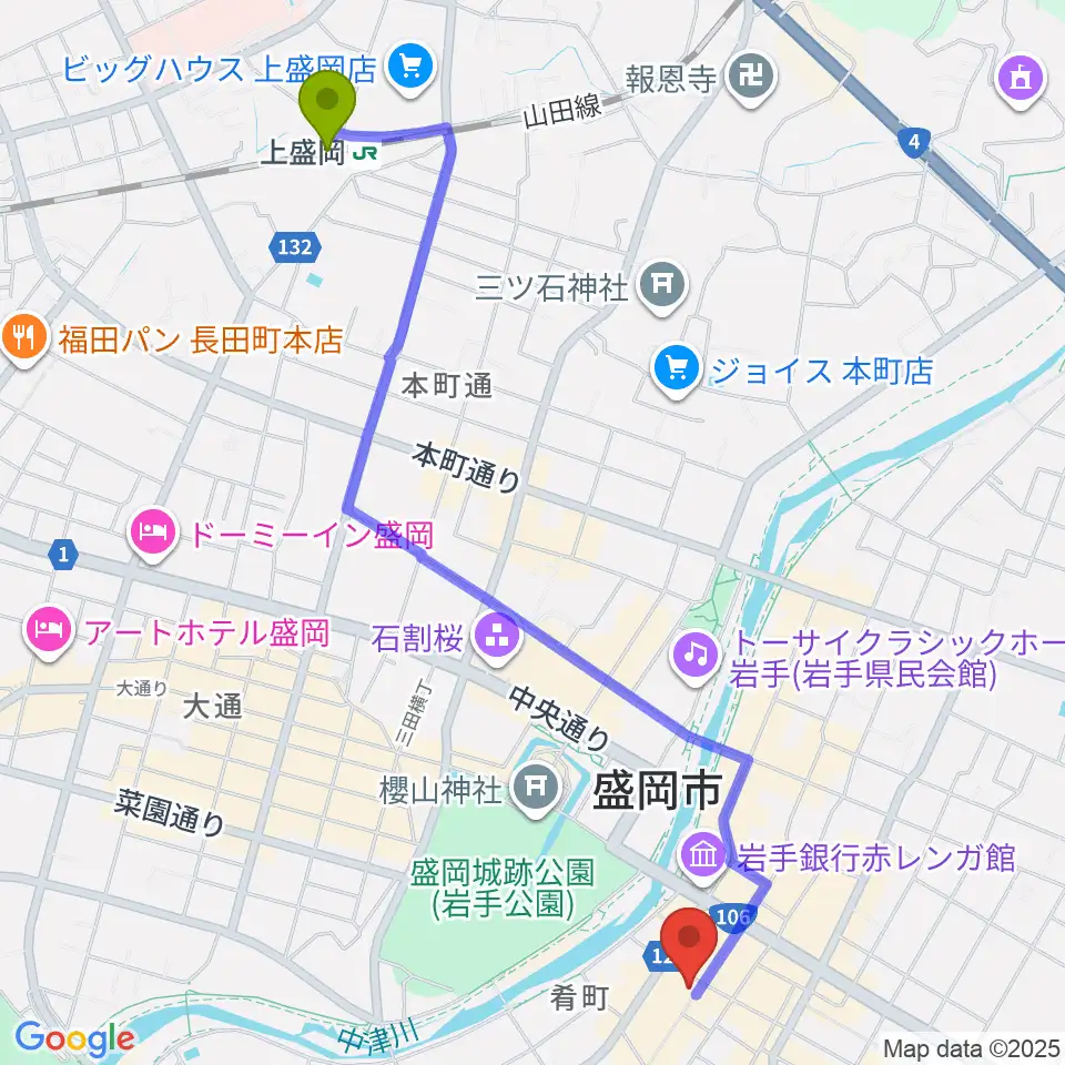 上盛岡駅からいわてアートサポートセンター風のスタジオへのルートマップ地図