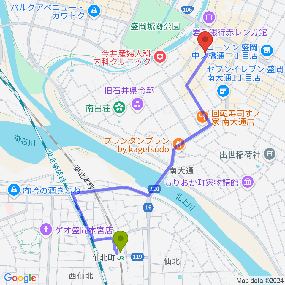 いわてアートサポートセンター風のスタジオの最寄駅仙北町駅からの徒歩ルート（約22分）地図