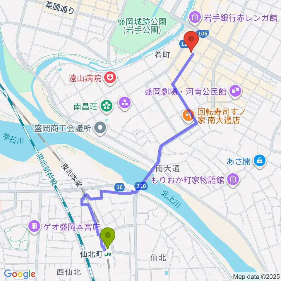 いわてアートサポートセンター風のスタジオの最寄駅仙北町駅からの徒歩ルート（約22分）地図