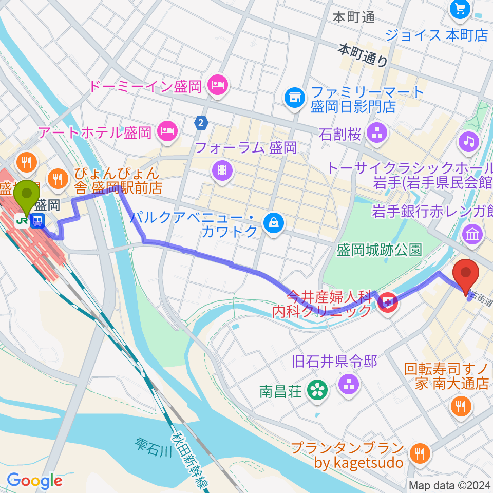 盛岡駅からいわてアートサポートセンター風のスタジオへのルートマップ地図