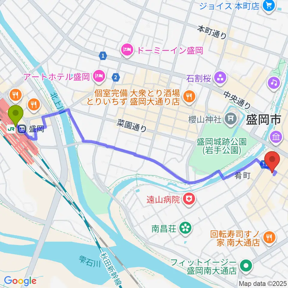 盛岡駅からいわてアートサポートセンター風のスタジオへのルートマップ地図