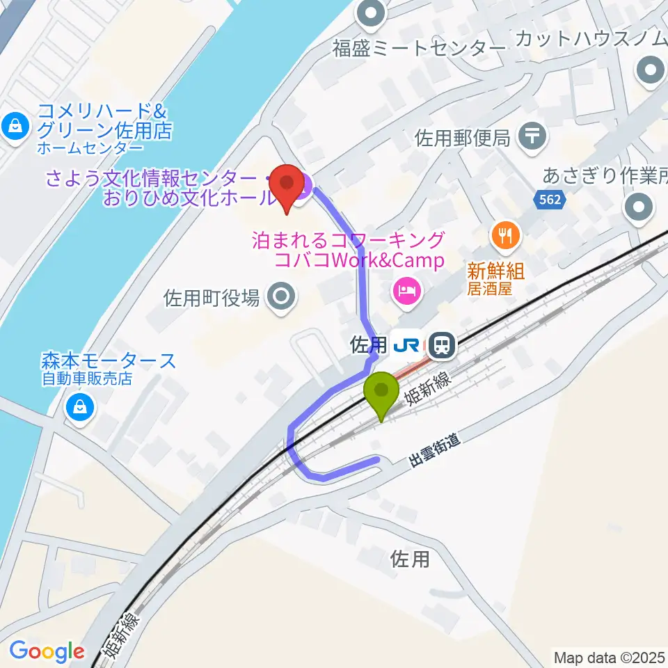 さよう文化情報センター おりひめ文化ホールの最寄駅佐用駅からの徒歩ルート（約3分）地図