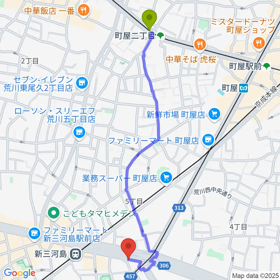 町屋二丁目駅からキーノート・シアターへのルートマップ地図