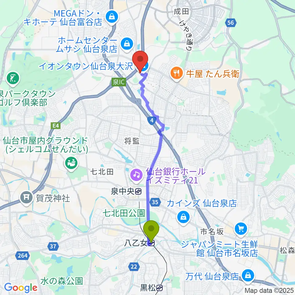 八乙女駅からカワイ音楽教室 イオン泉大沢へのルートマップ地図