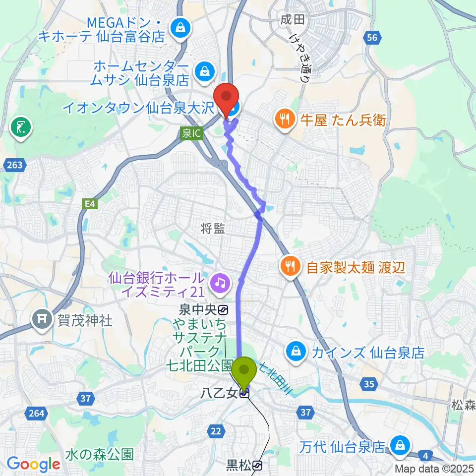 八乙女駅からカワイ音楽教室 イオン泉大沢へのルートマップ地図