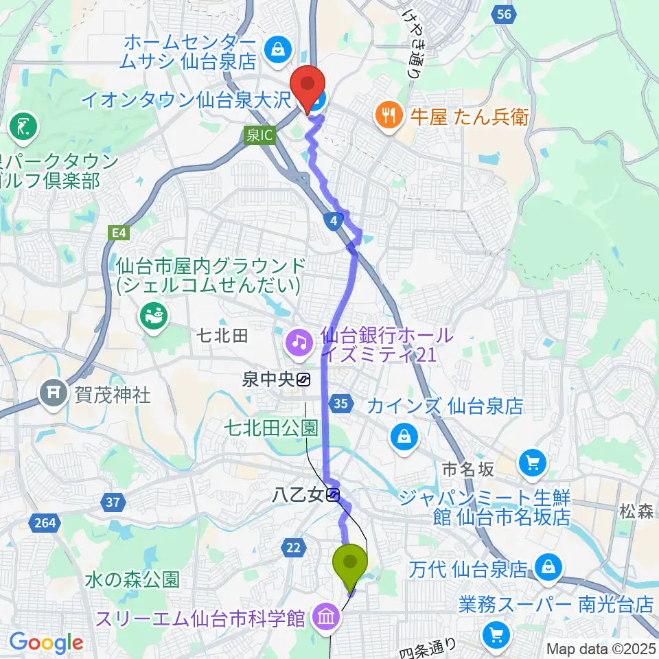 黒松駅からカワイ音楽教室 イオン泉大沢へのルートマップ地図