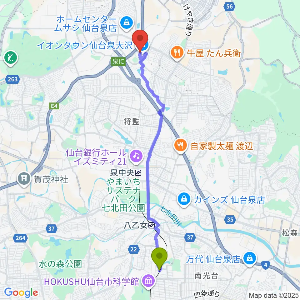 黒松駅からカワイ音楽教室 イオン泉大沢へのルートマップ地図