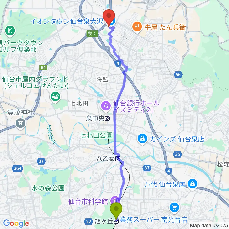旭ヶ丘駅からカワイ音楽教室 イオン泉大沢へのルートマップ地図