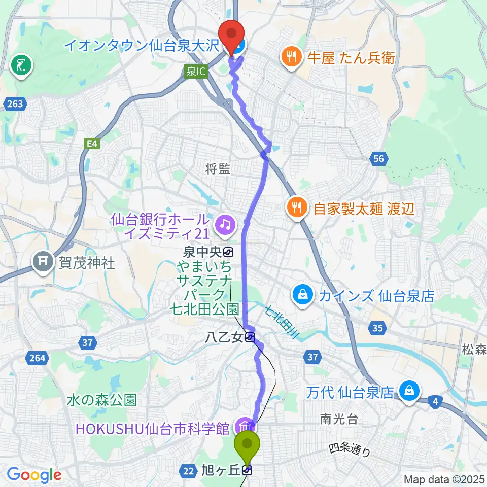 旭ヶ丘駅からカワイ音楽教室 イオン泉大沢へのルートマップ地図