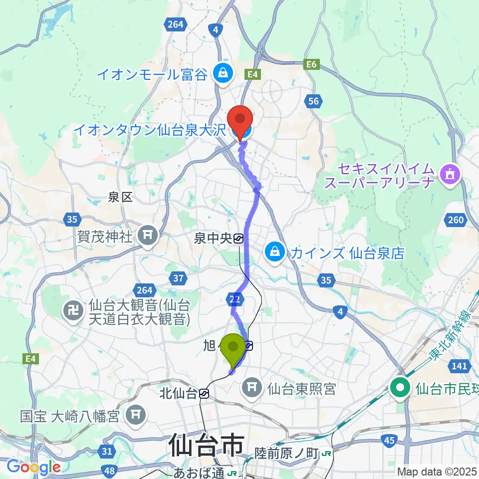 台原駅からカワイ音楽教室 イオン泉大沢へのルートマップ地図