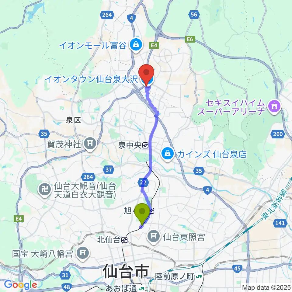 台原駅からカワイ音楽教室 イオン泉大沢へのルートマップ地図