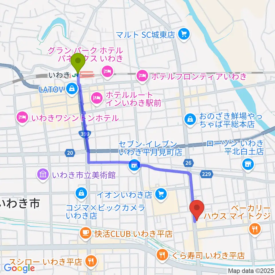 ピアノショップいわきの最寄駅いわき駅からの徒歩ルート（約21分）地図