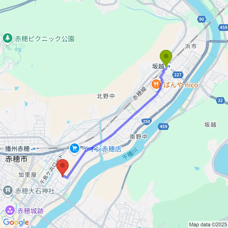坂越駅から赤穂化成ハーモニーホールへのルートマップ地図