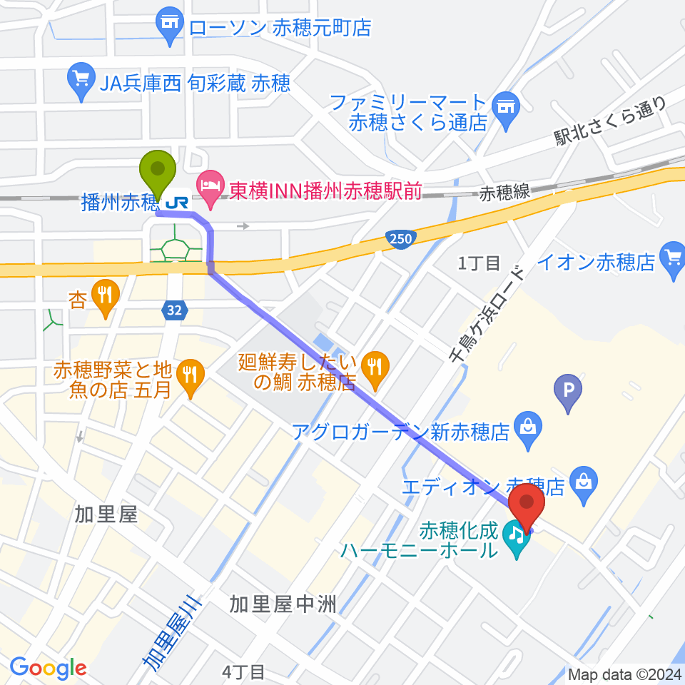 赤穂化成ハーモニーホールの最寄駅播州赤穂駅からの徒歩ルート（約11分）地図