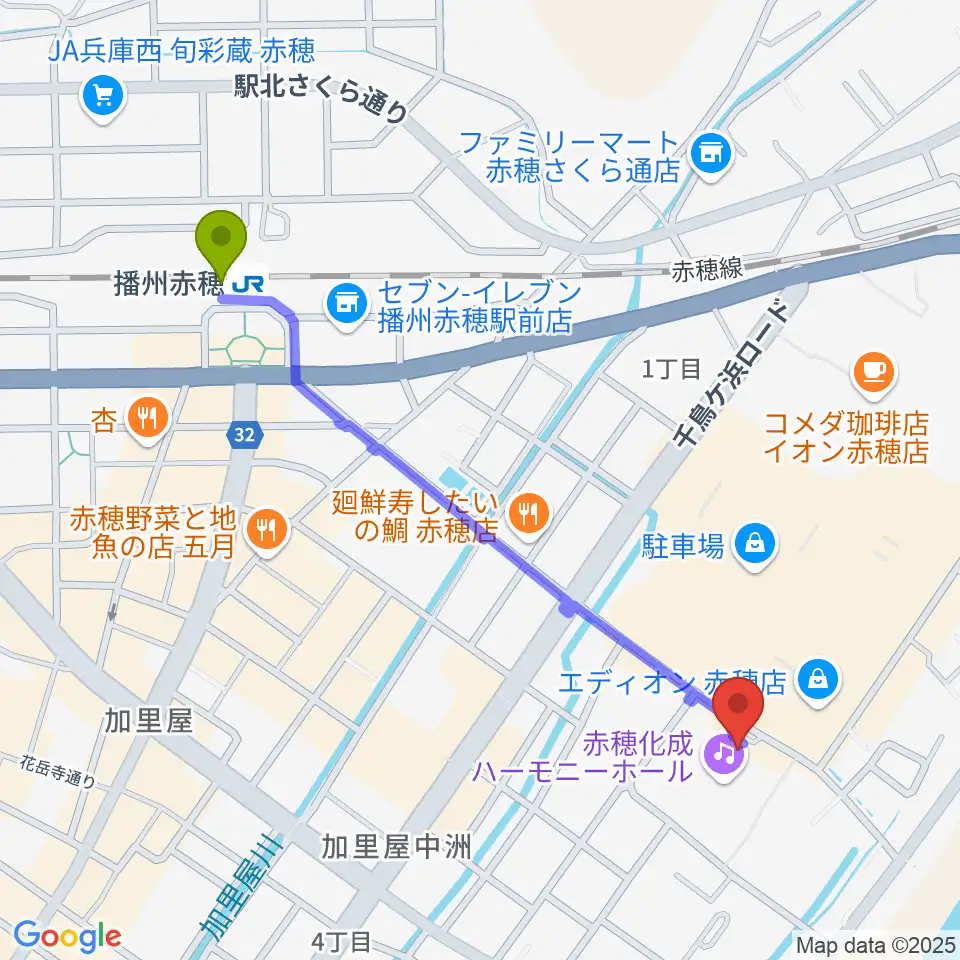 赤穂化成ハーモニーホールの最寄駅播州赤穂駅からの徒歩ルート（約11分）地図