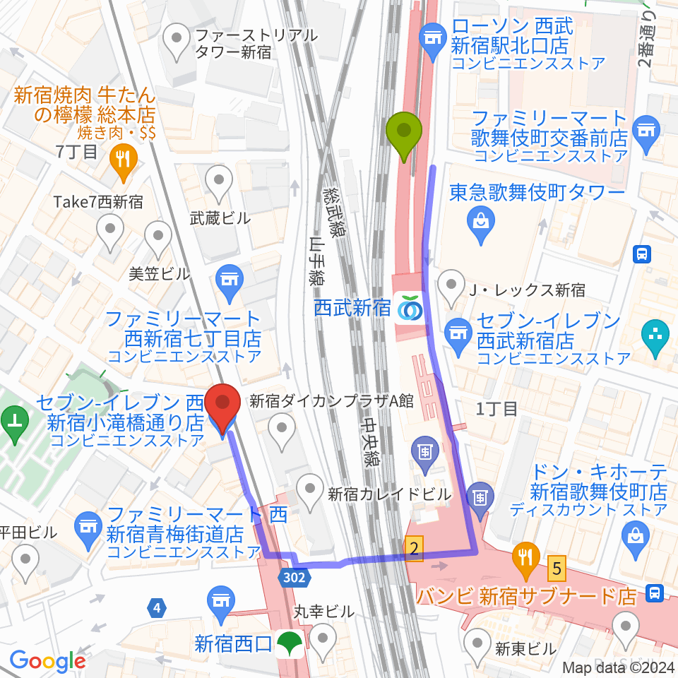 西武新宿駅からHAL'S JAZZへのルートマップ地図