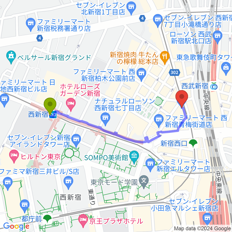 西新宿駅からHAL'S JAZZへのルートマップ地図