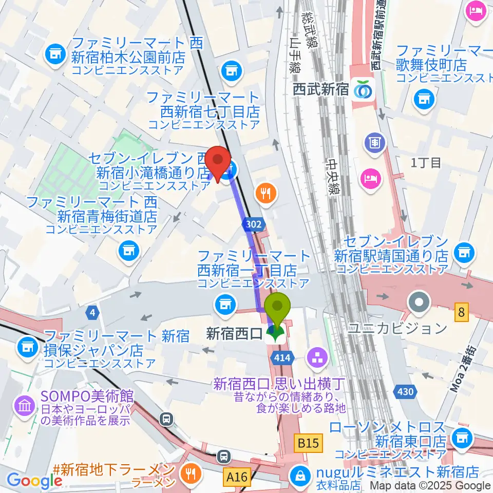 ビートコレクターズの最寄駅新宿西口駅からの徒歩ルート（約2分）地図