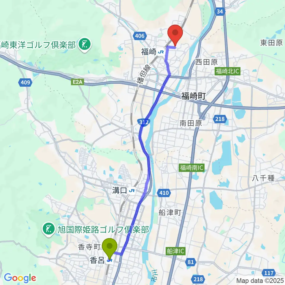 香呂駅から福崎町エルデホールへのルートマップ地図
