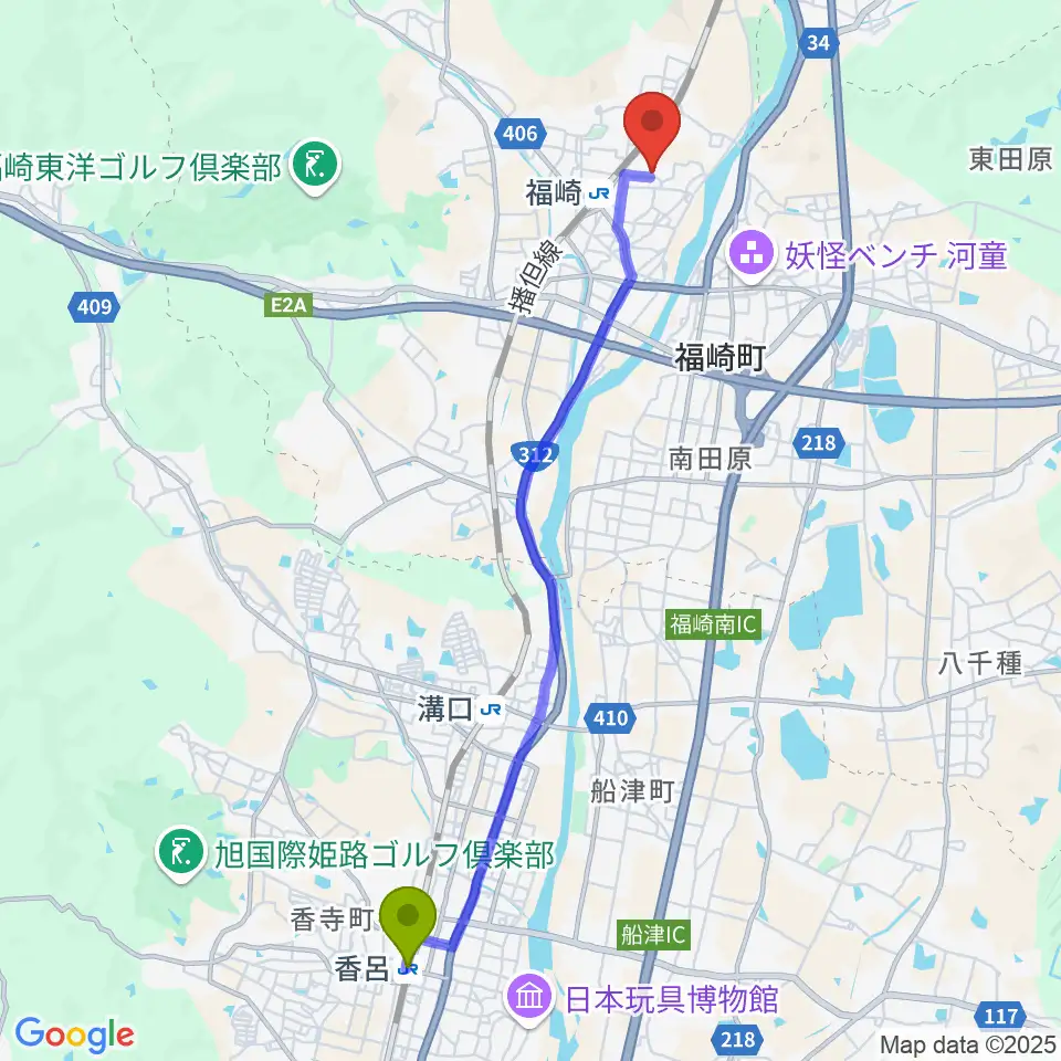 香呂駅から福崎町エルデホールへのルートマップ地図