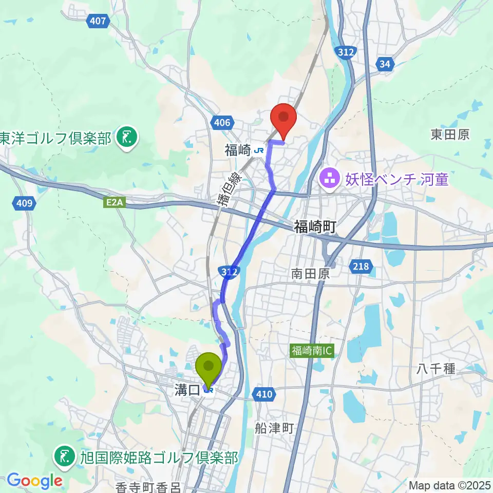 溝口駅から福崎町エルデホールへのルートマップ地図