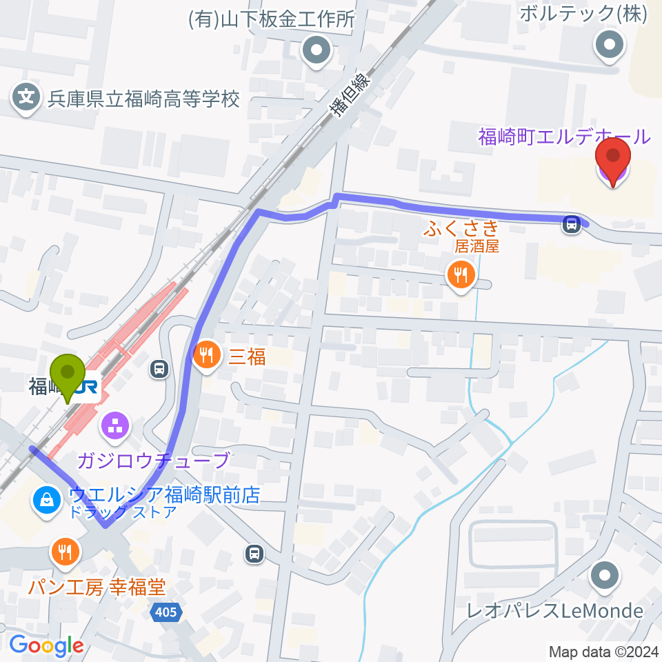 福崎町エルデホールの最寄駅福崎駅からの徒歩ルート（約7分）地図